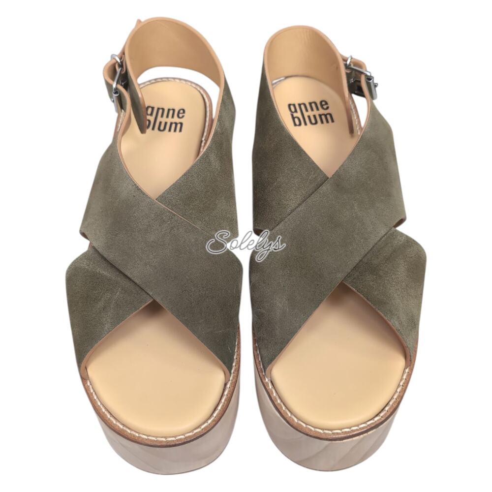 Anne Blum Sofia US 11 EU 42 Wooden Platform Suede Cross Strap Sandal Olive Green